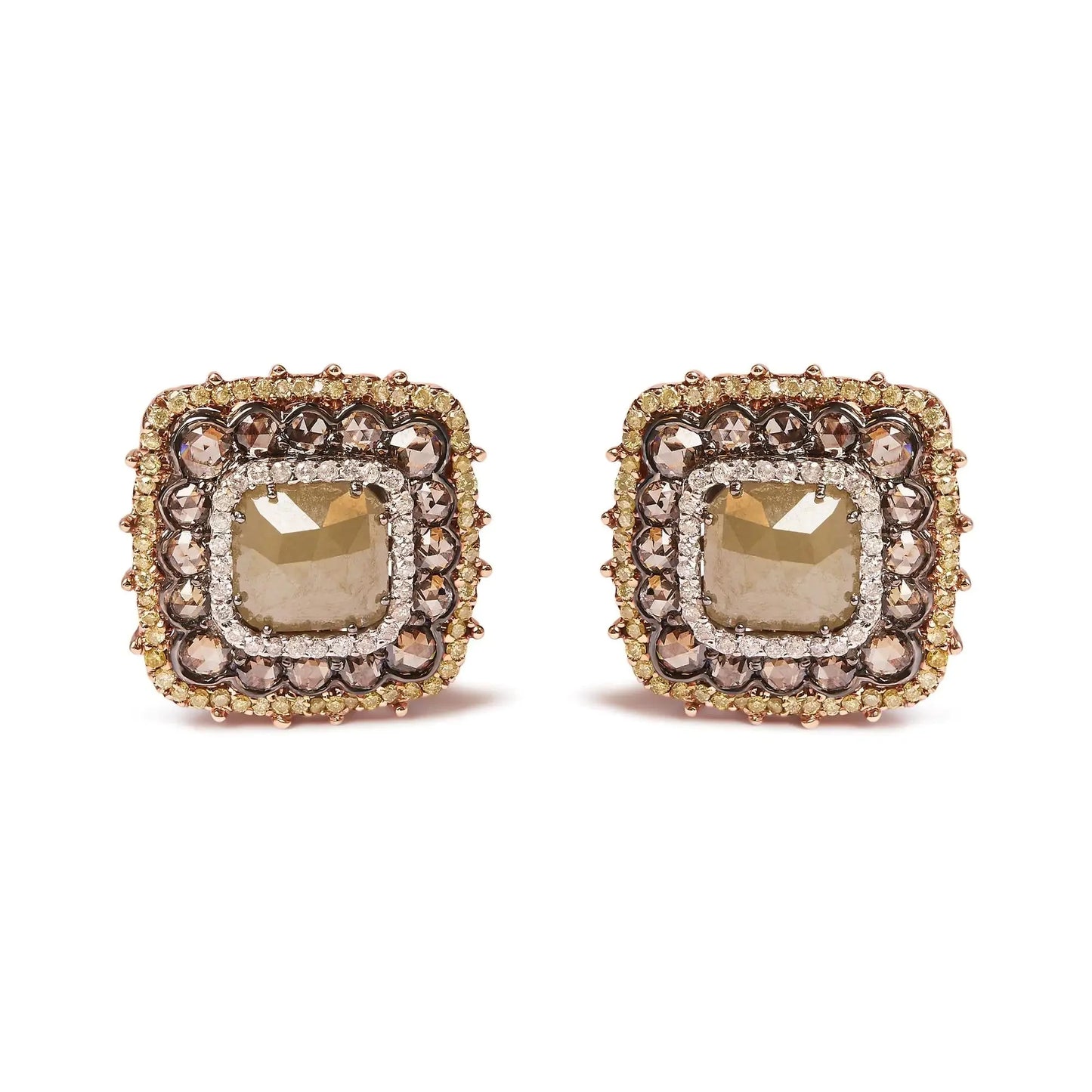 14K Rose Gold 5 7/8 Cttw Fancy Color Rose Cut Diamond Cushion Shape Triple Halo Stud Earring (Fancy Color, I2-I3 Clarity)