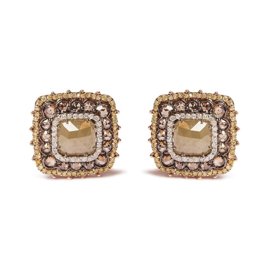 14K Rose Gold 5 7/8 Cttw Fancy Color Rose Cut Diamond Cushion Shape Triple Halo Stud Earring (Fancy Color, I2-I3 Clarity)