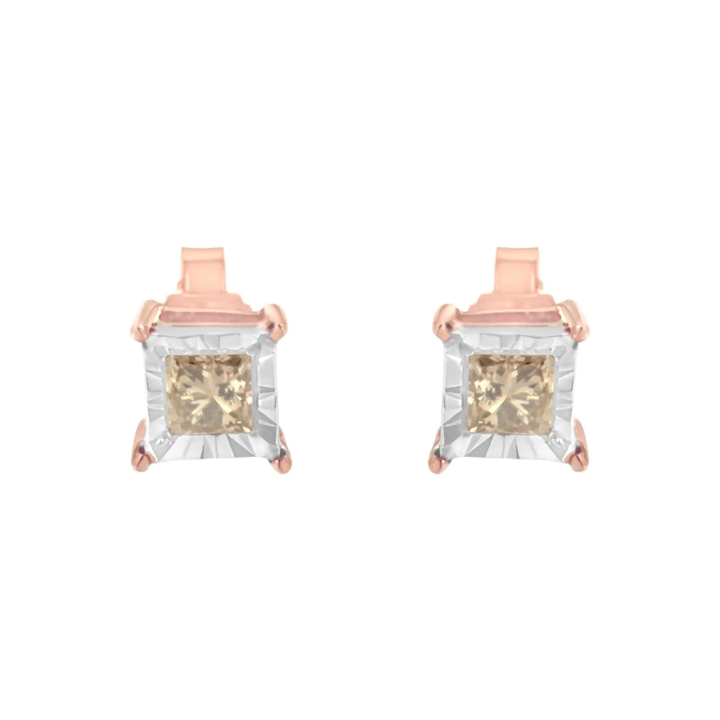 14K Rose Gold Plated Two-Tone .925 Sterling Silver 1/2 Cttw Princess-Cut Square Diamond Solitaire Miracle-Plate Stud Earrings (K-L Color, I2-I3 Clarity)