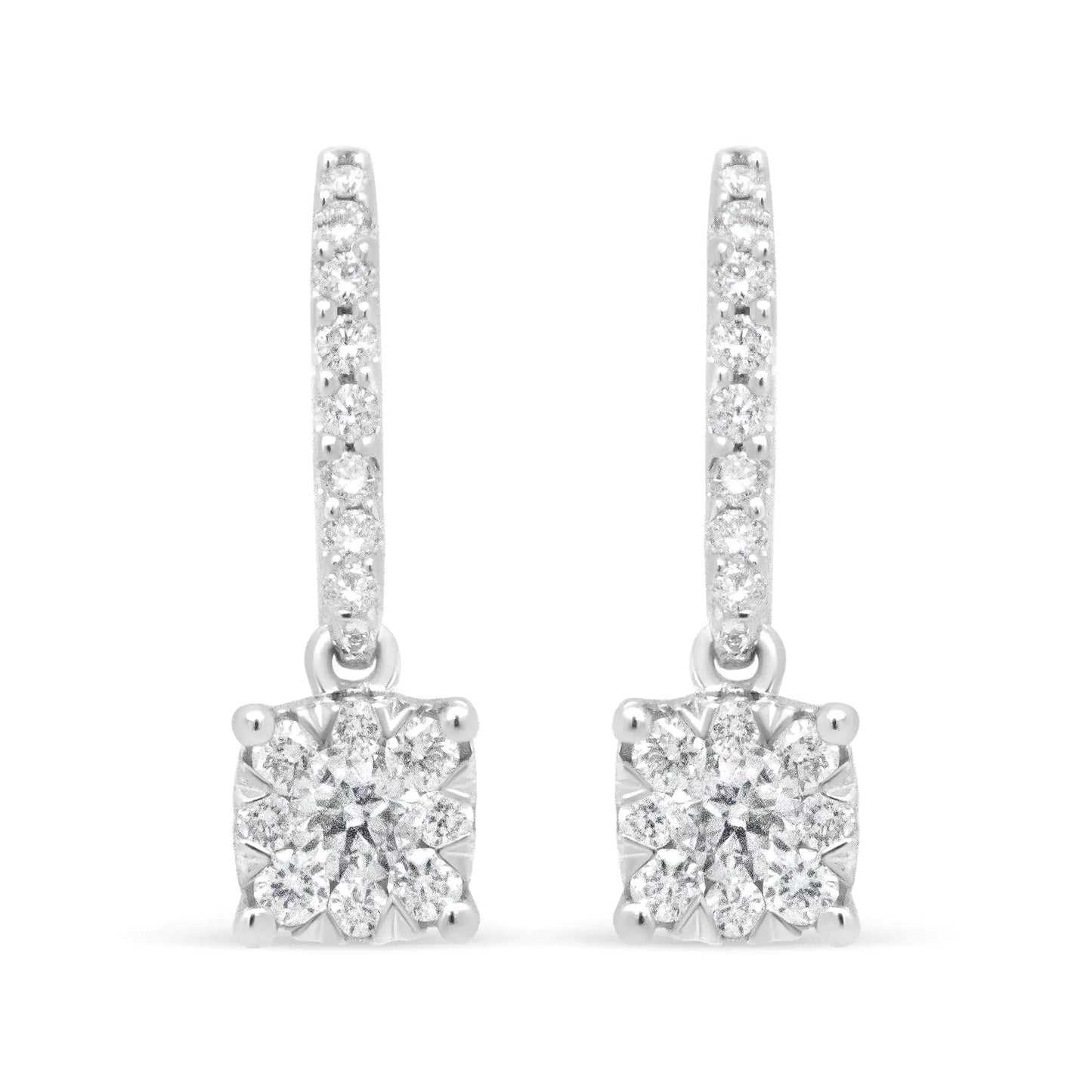 14K White 1/2 Cttw Round Diamond Halo Dangle Hook Earring - (H-I Color, SI2-I1 Clarity)