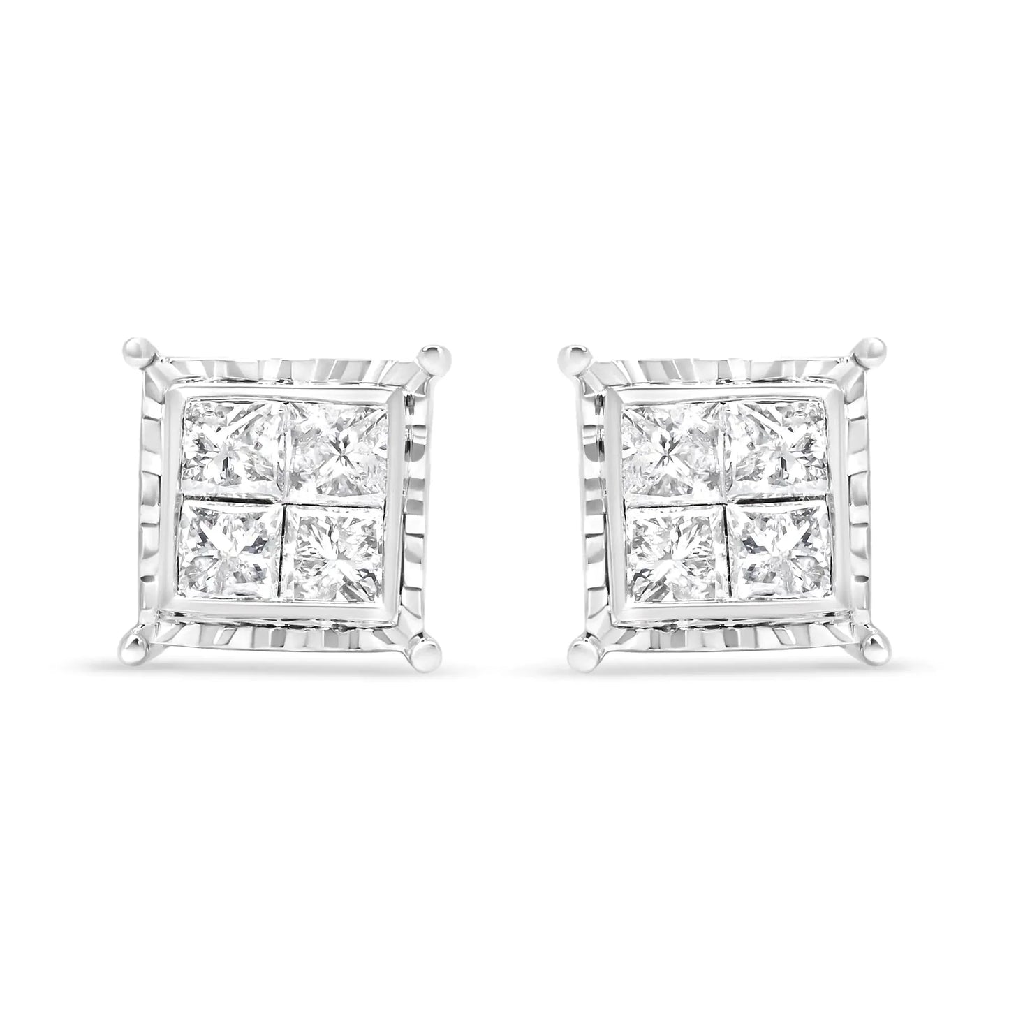 14K White Gold 1 1/2 Cttw Invisible Set Princess-Cut Diamond Contemporary Wavy Quad Stud Earrings (I-J Color, I1-I2 Clarity)