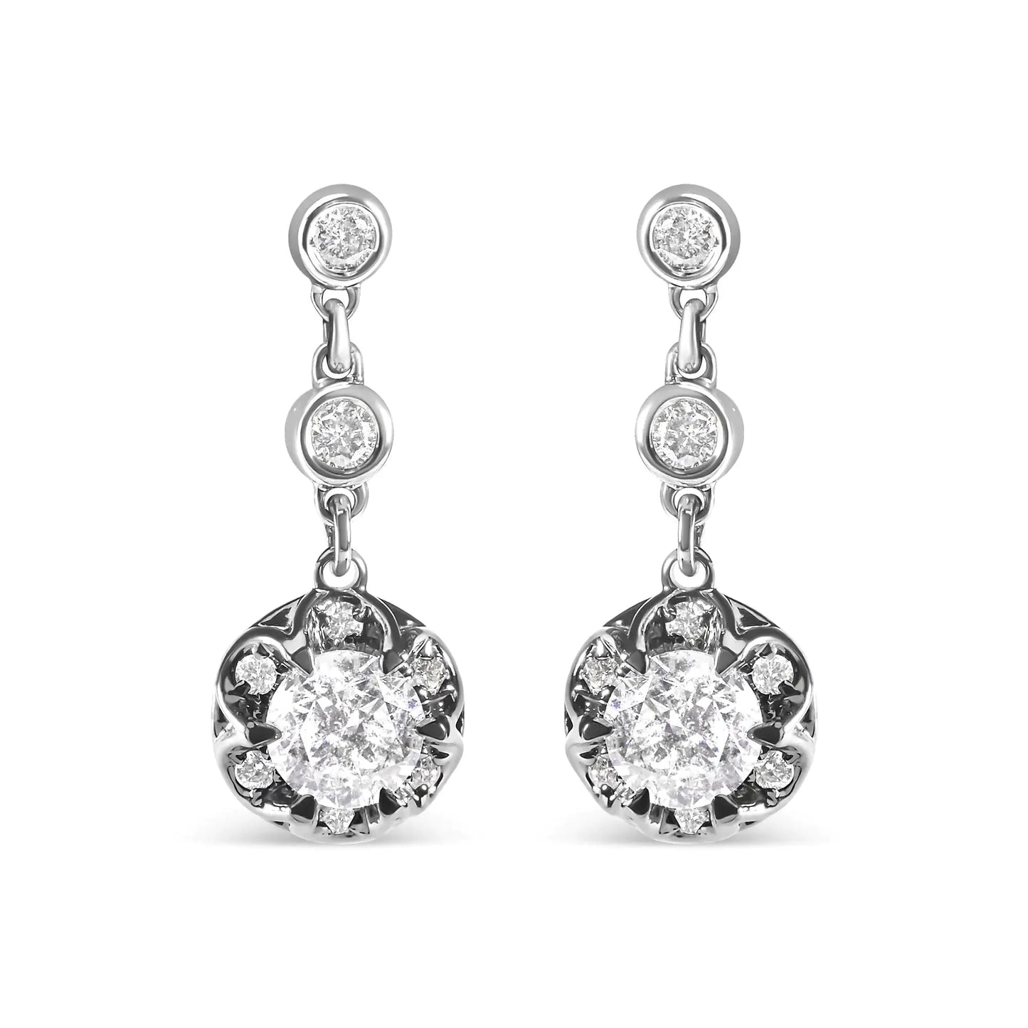 14k White Gold 5/8 Cttw Diamond Halo Drop and Dangle Earrings Stud with Bale (I-J Color, I1-I2 Clarity)