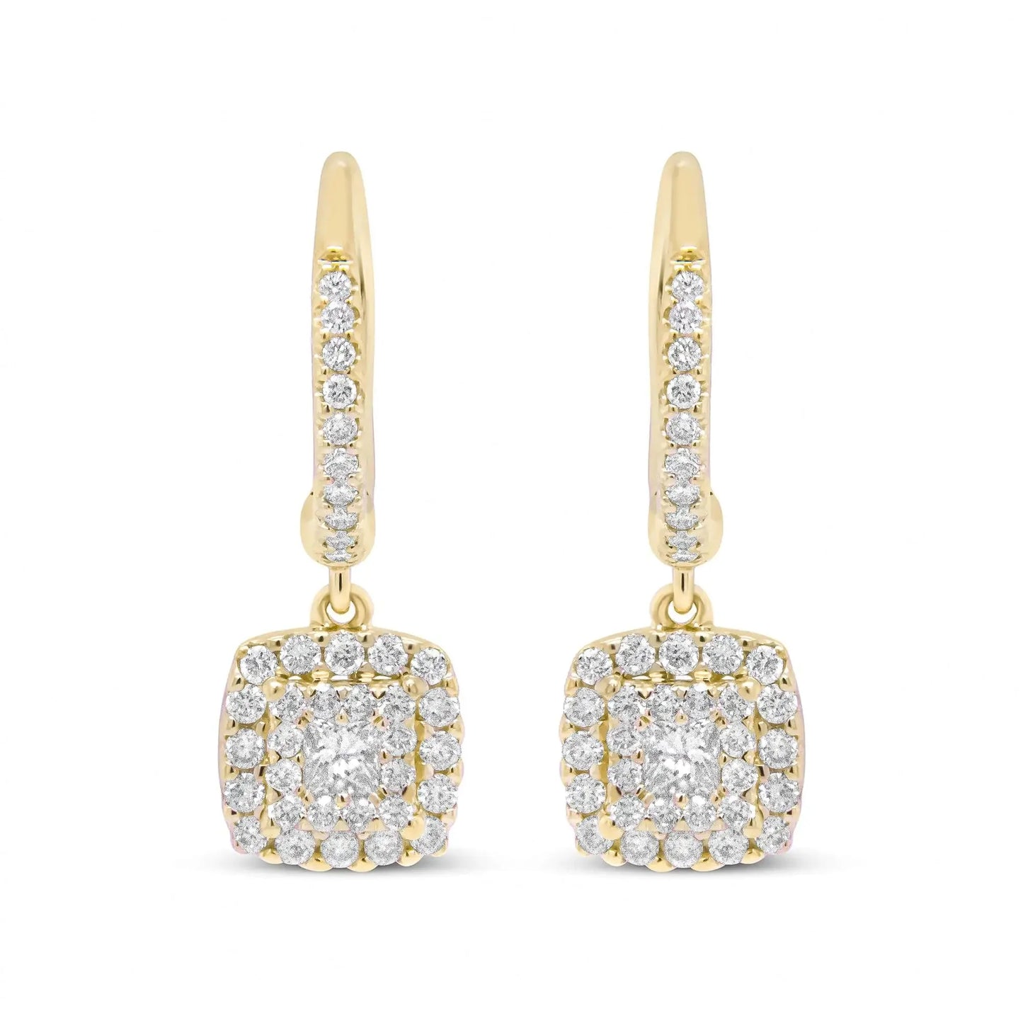 14K Yellow Gold 5/8 Cttw Invisible-Set Princess Diamond Square Halo Dangle Earring (H-I Color, SI1-SI2 Clarity)