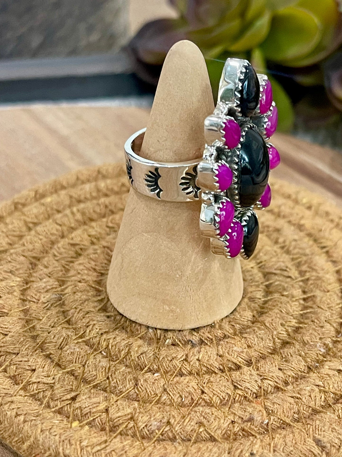 Handmade Sterling Silver, Onyx & Pink Onyx Cluster Adjustable Ring