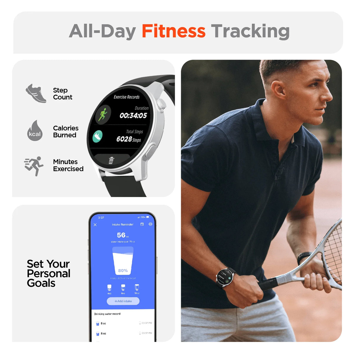 HyperGear SmartWatch displaying sleep tracking statistics on the screen at night.