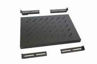 Black metal 1RU adjustable shelf, 800mm deep, designed for server racks or network cabinets.
