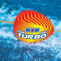Diagram showing features of WOW Watersports Tow Turbo tow bobber with highlighted components and HI-VIS graphics.