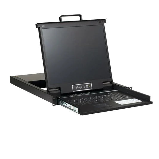 1RU rackmount KVM switch with 19-inch LCD monitor and integrated keyboard and trackball, 16 VGA ports visible