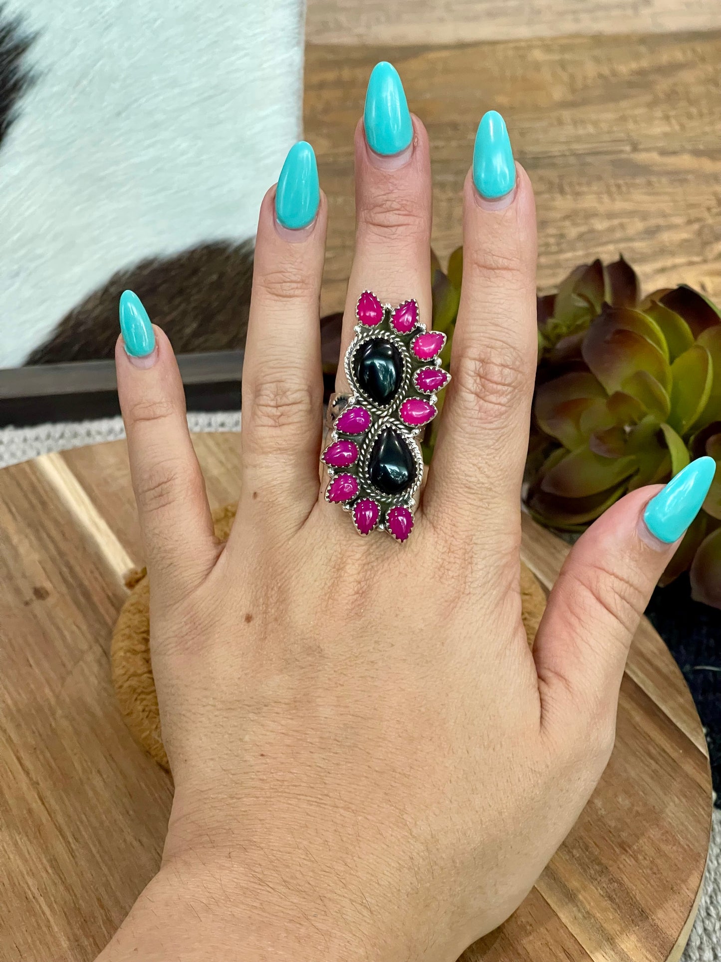 Handmade Sterling Silver, Onyx & Pink Onyx Cluster Adjustable Ring