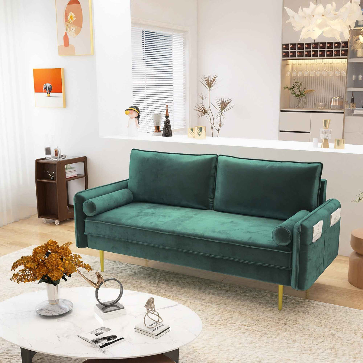 71'' Velvet Sofa,mid century couch with 2 throw pillows & pockets for