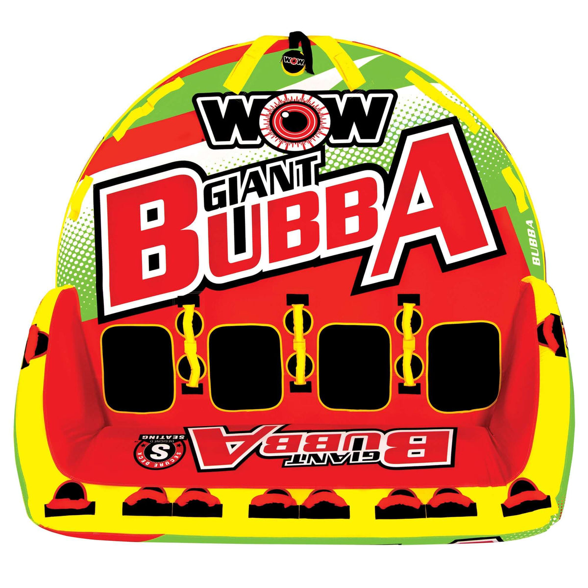Top view of the Giant Bubba towable showing bright high-visibility colors and flat base.