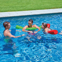 Diagram illustrating dimensions and features of an extra large lime green foam pool noodle.