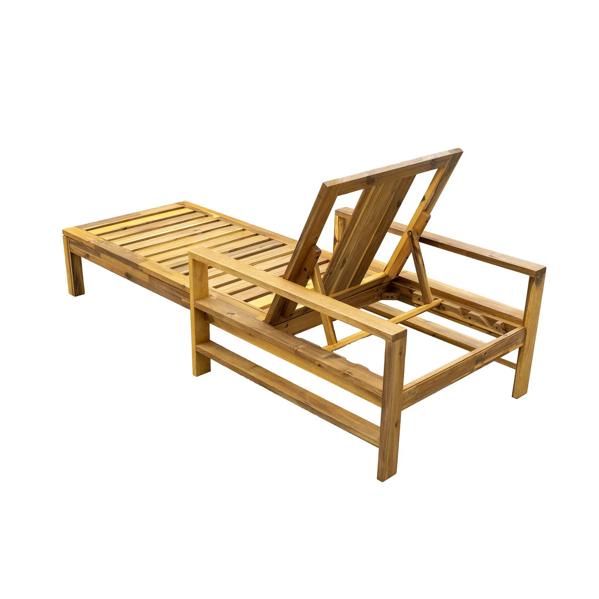 Close-up of grey cushion with high-density foam on Acacia wood lounge chair.
