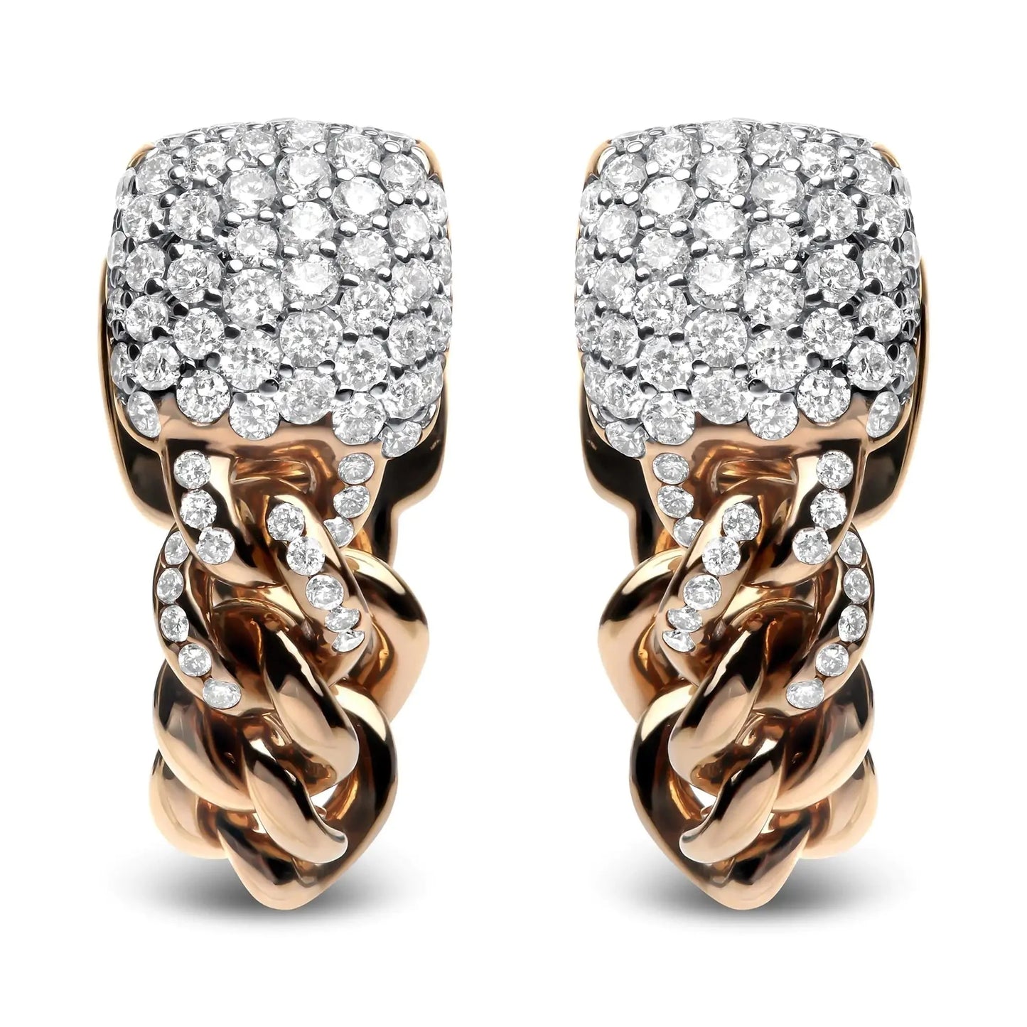 18K Rose Gold 3/4 Cttw Round Diamond Pave Cuban Chain Huggie Earrings (G-H Color, SI1-SI2 Clarity)