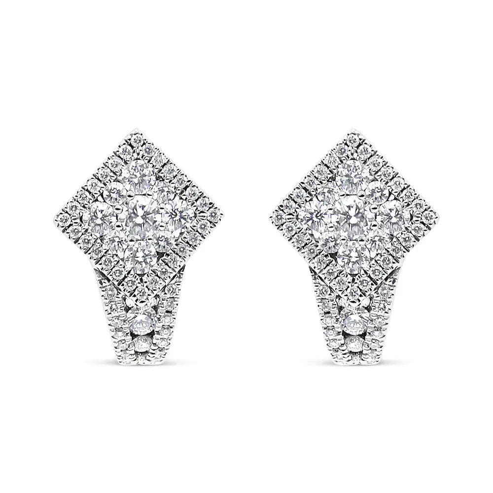 18K White Gold 1 1/10 Cttw Round Diamond Cluster with Halo Hoop Huggie Earring (F-G Color, VS1-VS2 Clarity)