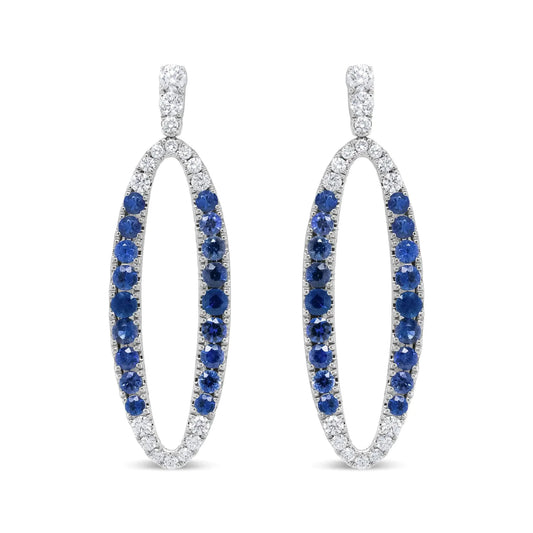 18K White Gold 1.11 Cttw Blue Round Diamond and Blue Sapphire Openwork Oval Shaped Dangle Earrings (F-G Color, VS1-VS2 Clarity)