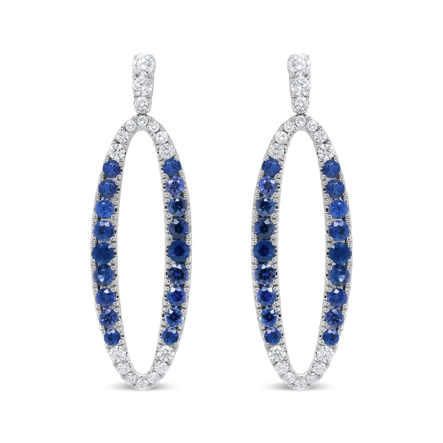 18K White Gold 1.11 Cttw Blue Round Diamond and Blue Sapphire Openwork Oval Shaped Dangle Earrings (F-G Color, VS1-VS2 Clarity)