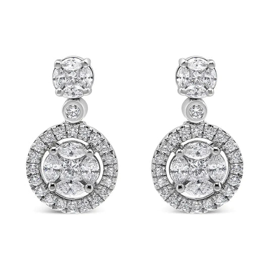 18K White Gold 2.0 Cttw Round Shape Diamond Composite Halo Dangle Stud Earring (F-G Color, VS1-VS2 Clarity)