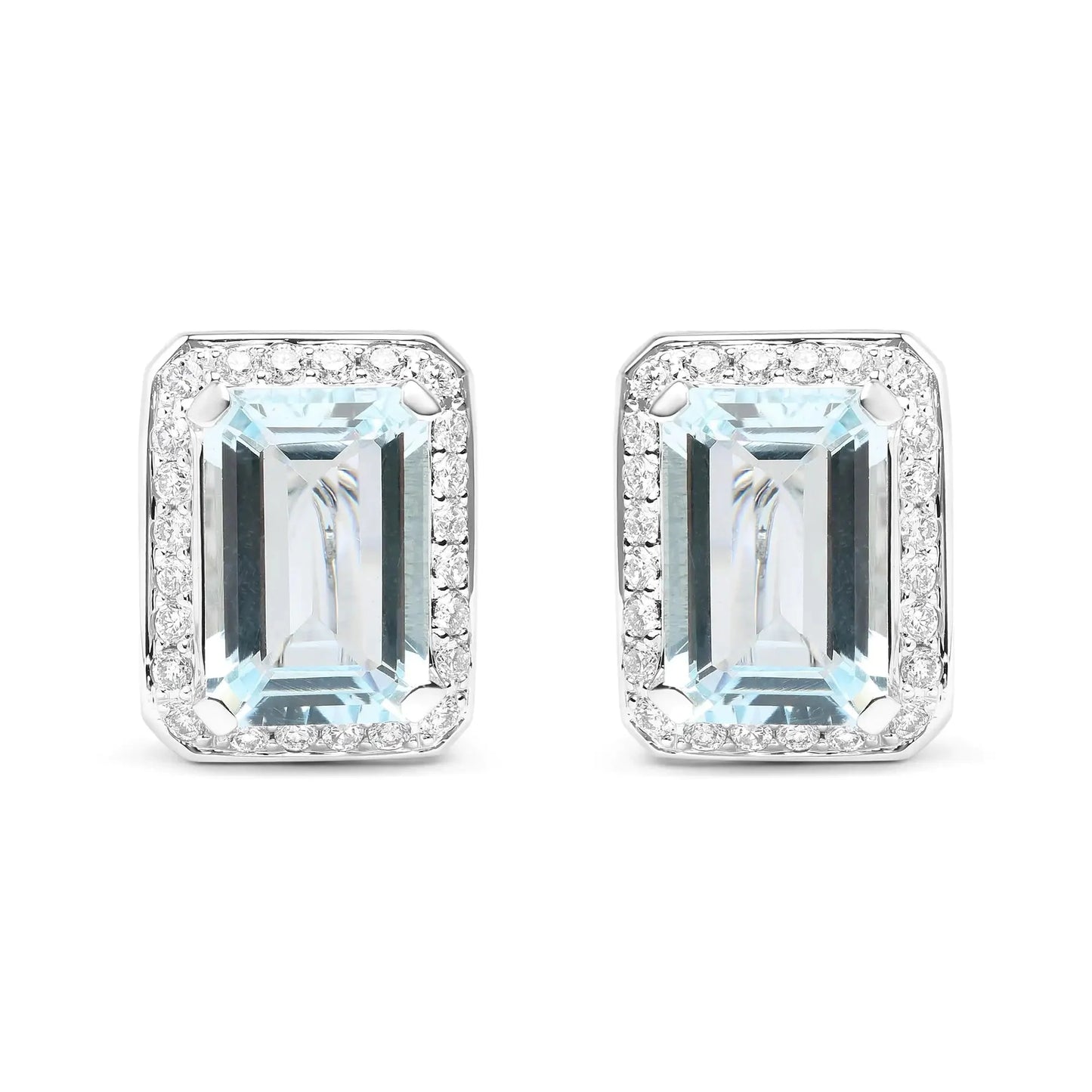 18K White Gold 3/4 Cttw Round Diamond and 13x9mm Emerald Cut Blue Aquamarine Gemstone Halo Omega Stud Earrings (G-H Color, SI1-SI2 Clarity)