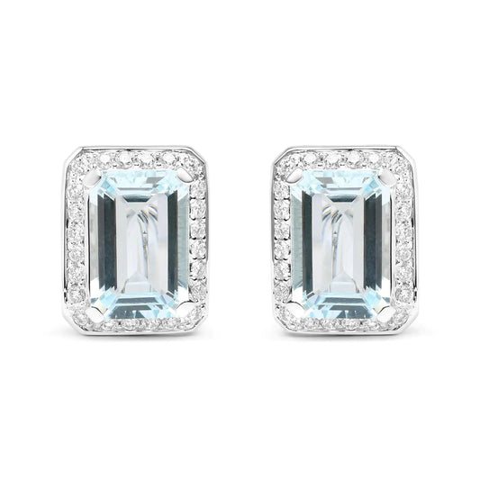 18K White Gold 3/4 Cttw Round Diamond and 13x9mm Emerald Cut Blue Aquamarine Gemstone Halo Omega Stud Earrings (G-H Color, SI1-SI2 Clarity)