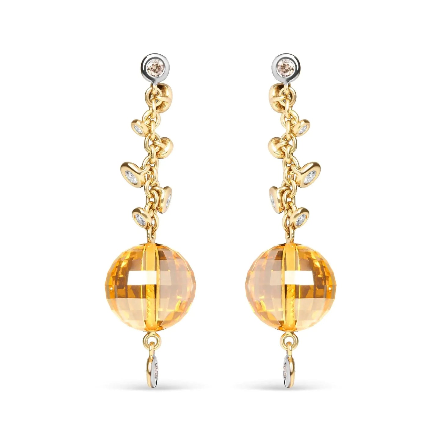 18K Yellow Gold 2/3 Cttw Round Bezel Diamond and 25mm Ball Shaped Yellow Citrine Gemstone Dangle Stud Earring (Brown and G-H Color, SI1-SI2 Clarity)