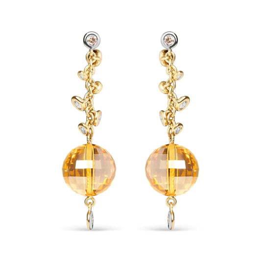 18K Yellow Gold 2/3 Cttw Round Bezel Diamond and 25mm Ball Shaped Yellow Citrine Gemstone Dangle Stud Earring (Brown and G-H Color, SI1-SI2 Clarity)