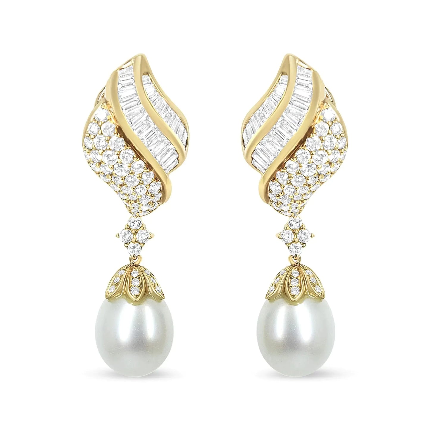 18k Yellow Gold 7.0 Cttw Baguette and Round Diamond South Sea Pearl Drop Dangle Clip-On Earrings (F-G Color, VS1-VS2 Clarity)