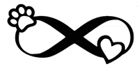 Infinity Paw Heart metal wall art in black, measuring approximately 18 by 6 inches, displayed against white.