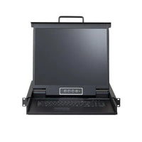 Front view of 19-inch 1RU rackmount KVM console with integrated keyboard and touchpad in metal casing