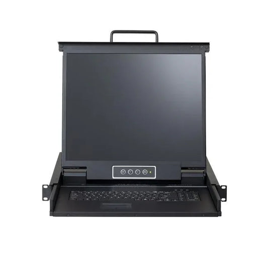 Front view of 19-inch 1RU rackmount KVM console with integrated keyboard and touchpad in metal casing