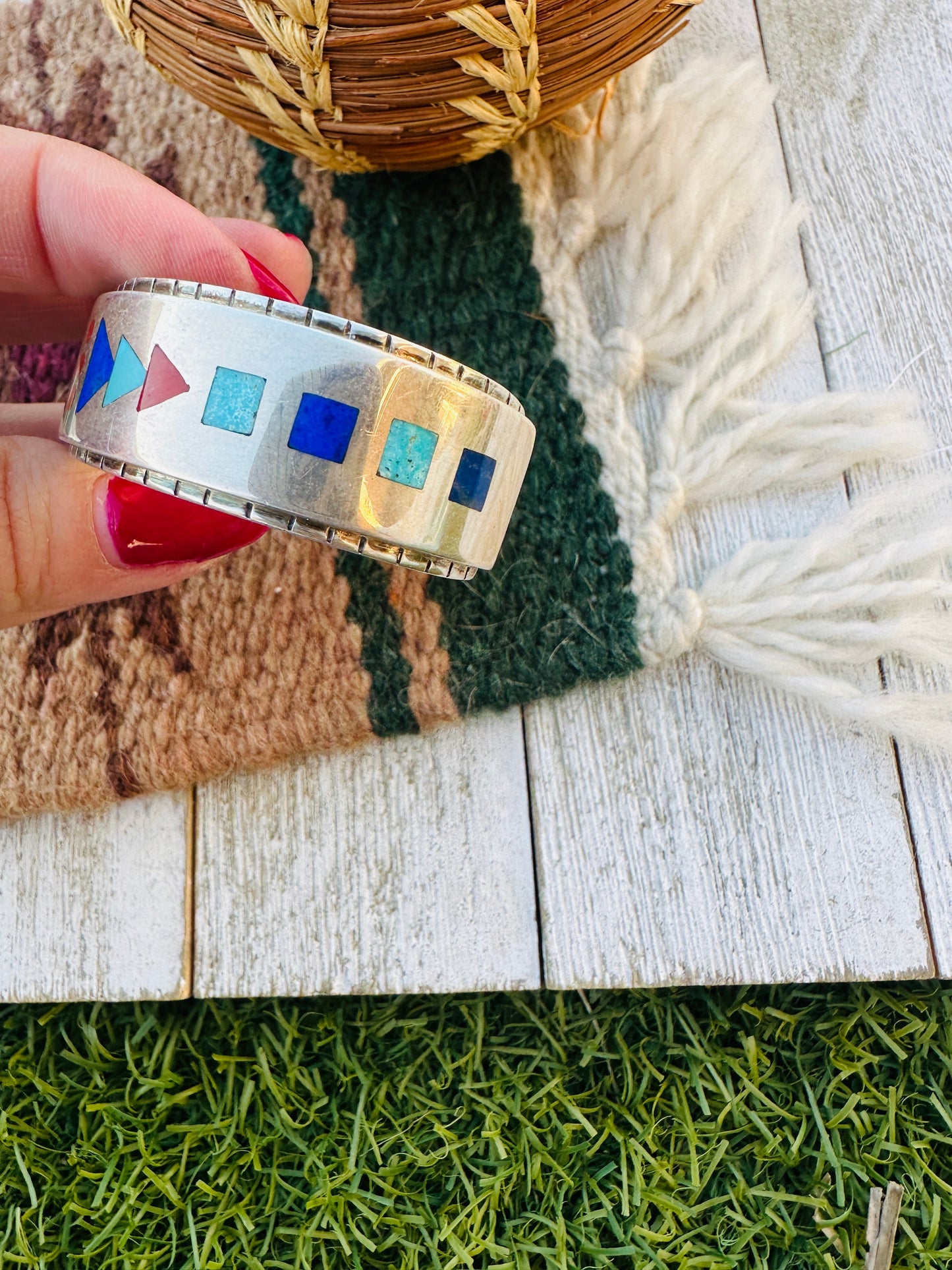 Handcrafted Old Pawn Sterling Silver & Multi Stone Inlay Cuff Bracelet by R.N. Laconsello