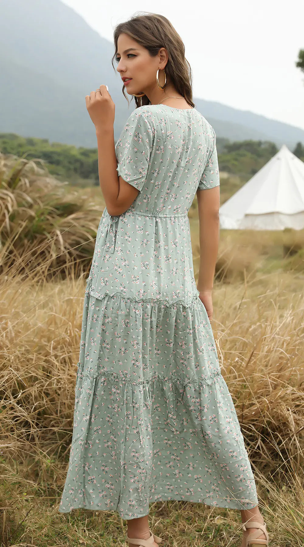 Bohemian Ruffled Floral Maxi Dress with V-Neck