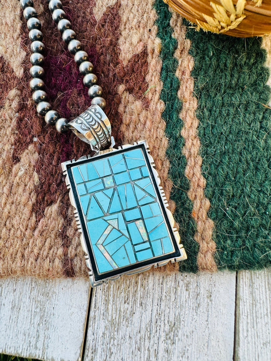 Old Pawn Handcrafted Turquoise, Opal and Sterling Silver Inlay Pendant