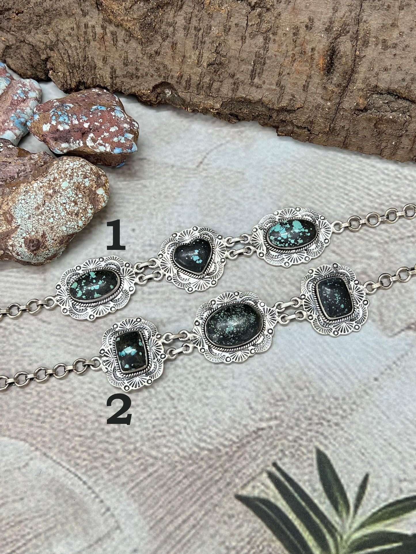 Handmade Sterling Silver Lander Turquoise Chain Bracelet with Signed Nizhoni