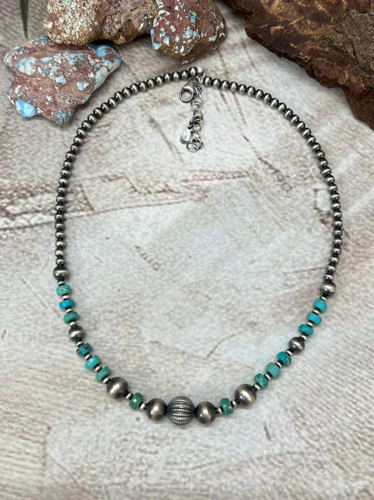 Handmade Sterling Silver with Kingman Turquoise Necklace with Signed Nizhoni