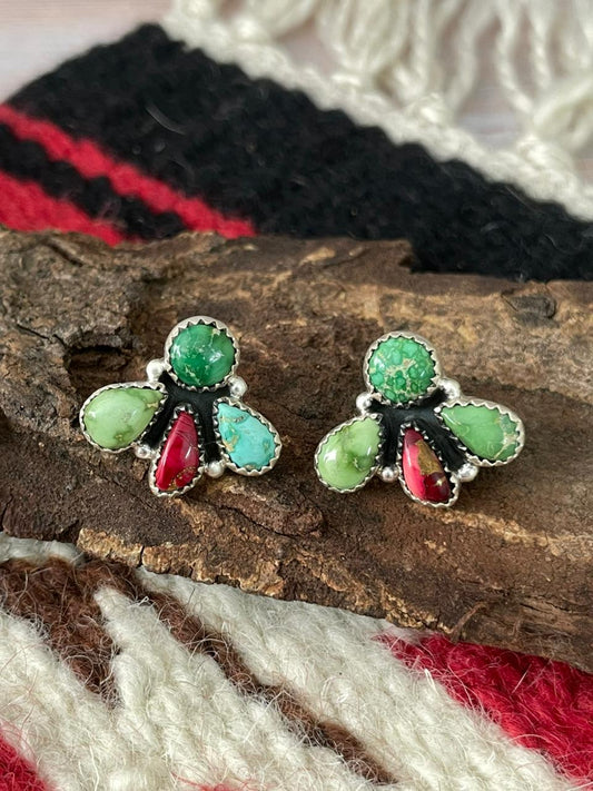 Handmade Sterling Silver Dahlia Rose with Emerald Valley Turquoise Post Earrings "Signed Nizhoni"