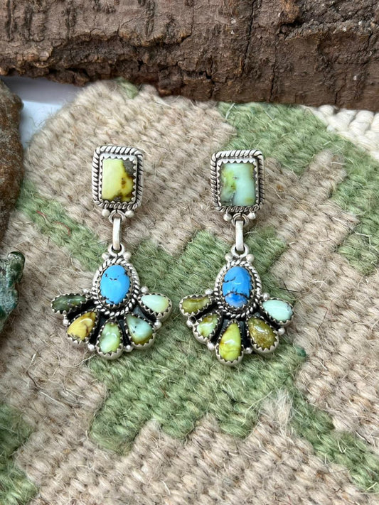 Handmade Sterling Silver Palomino with Golden Hills Turquoise Post Dangle Earrings "Signed Nizhoni"