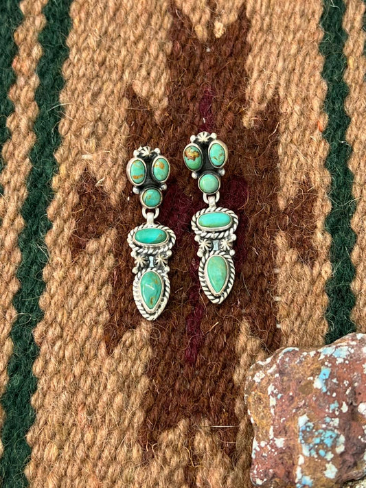 Handmade Sterling Silver Kingman Turquoise Post Dangle Earrings with Signed Nizhoni