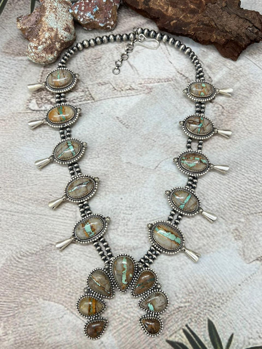 Handmade Sterling Silver Royston Ribbon Turquoise Squash Blossom Beaded Necklace with Signed Nizhoni