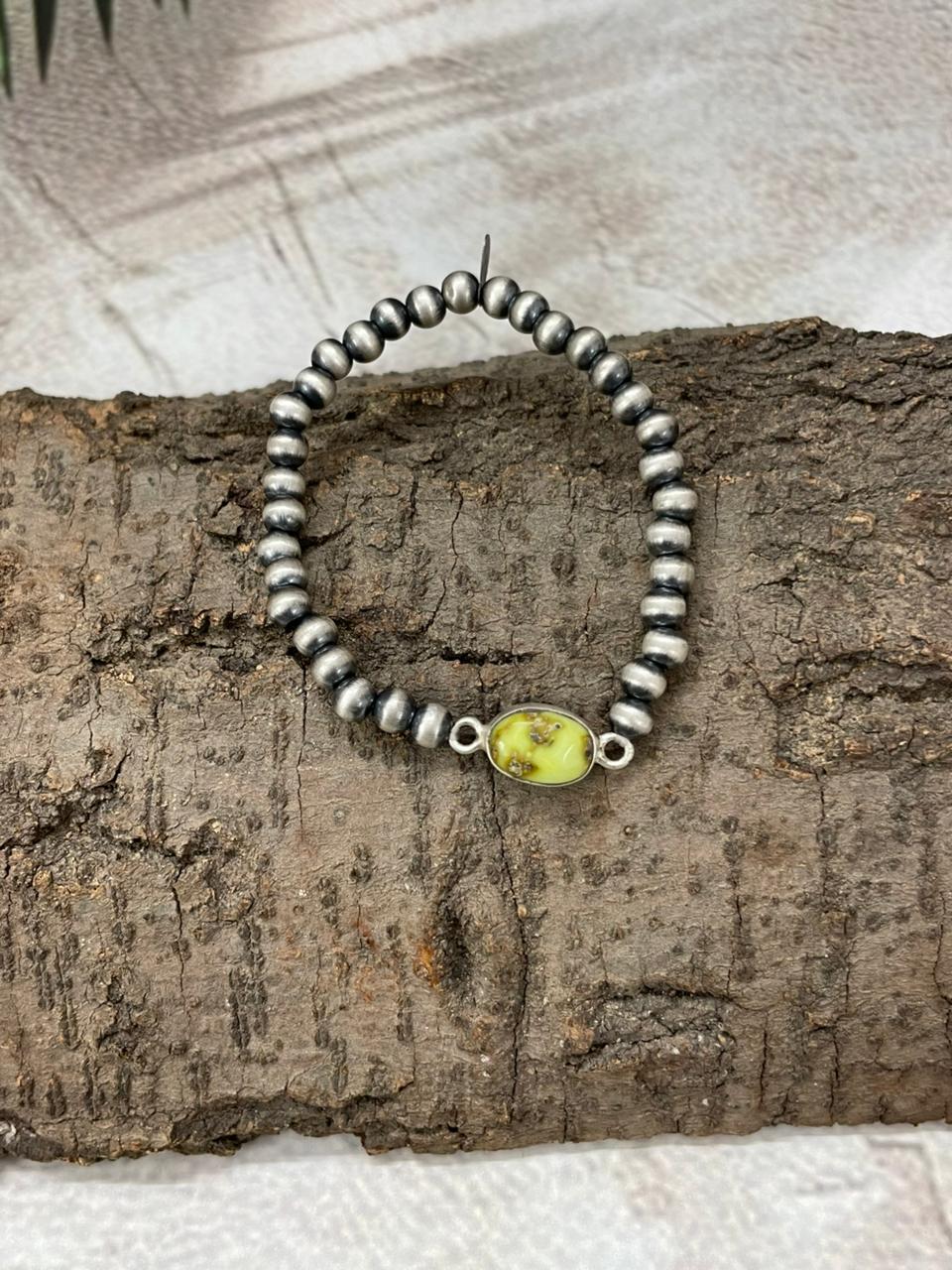 Handmade Sterling Silver Palomino Turquoise Beaded Chain Bracelet with Signed Nizhoni