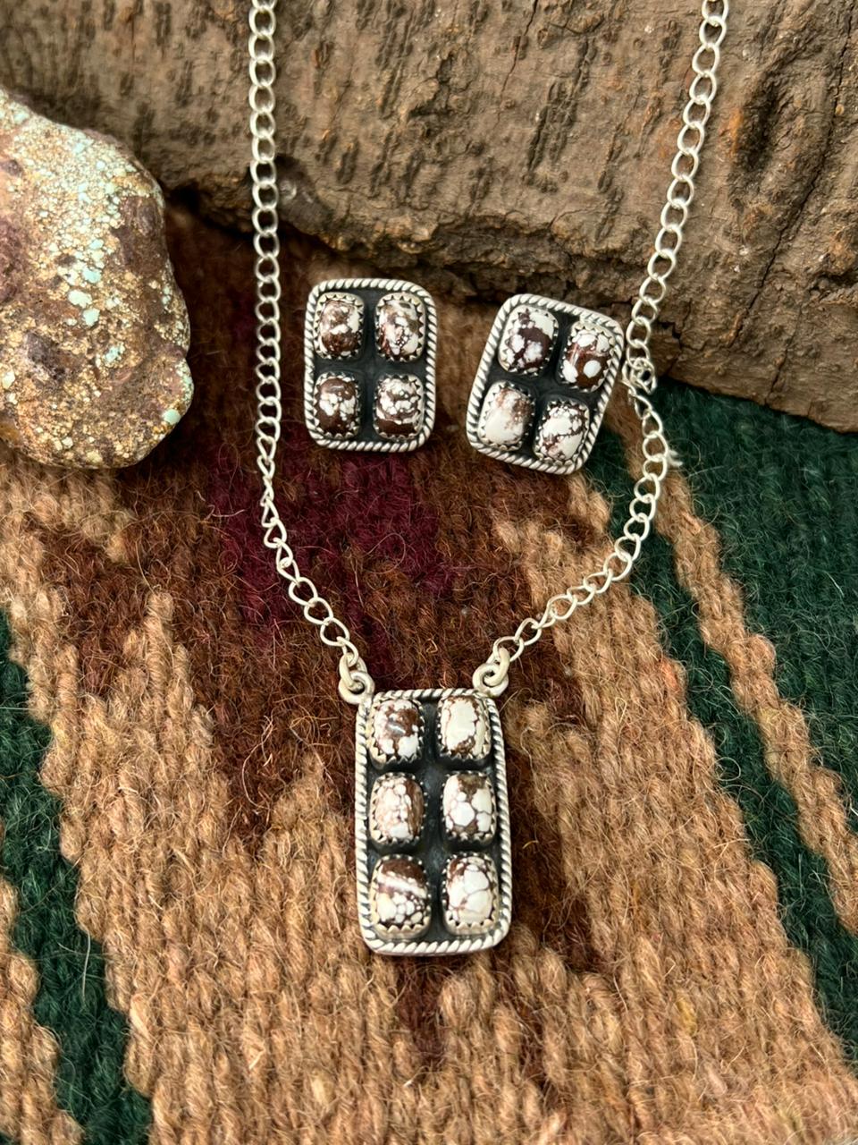 Handmade Sterling Silver Wild Horse Magnesite Necklace Earrings Set with Signed Nizhoni