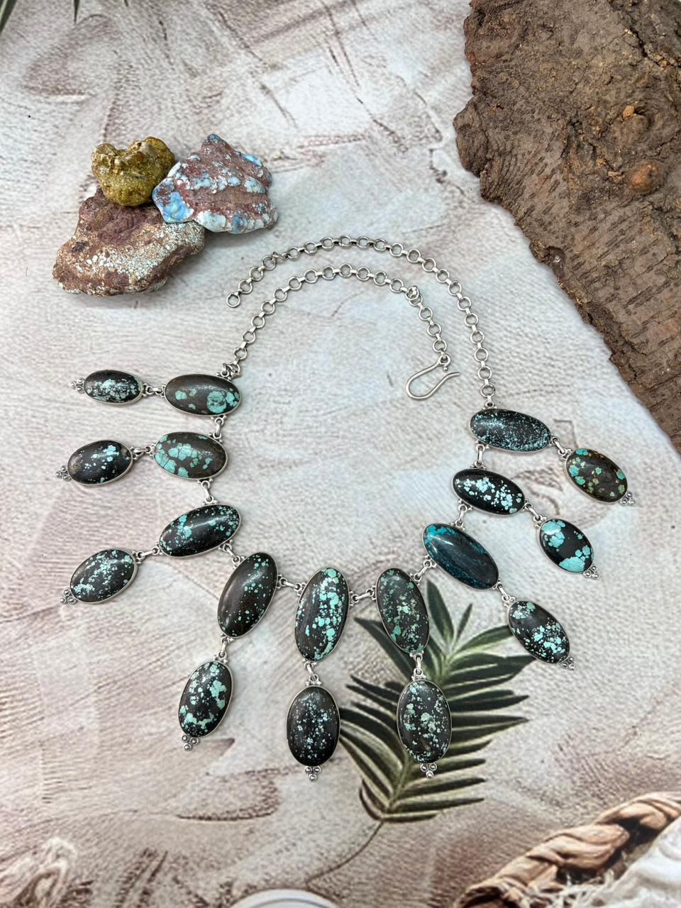 Handmade Sterling Silver Lander Turquoise Necklace with Signed Nizhoni