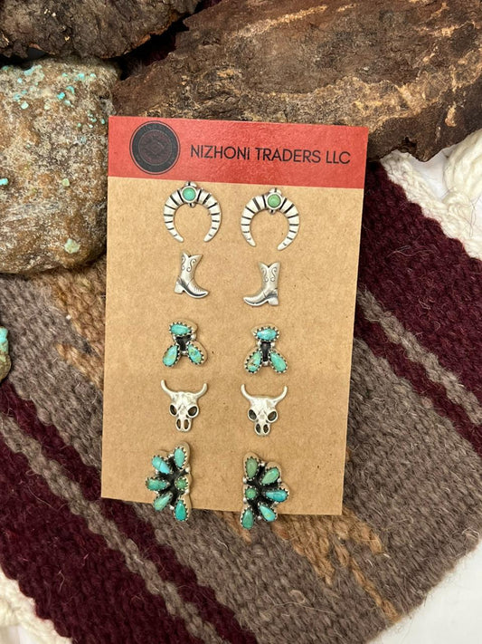 Handmade Sterling Silver Kingman Turquoise Post Studs (Cards) Earring Set