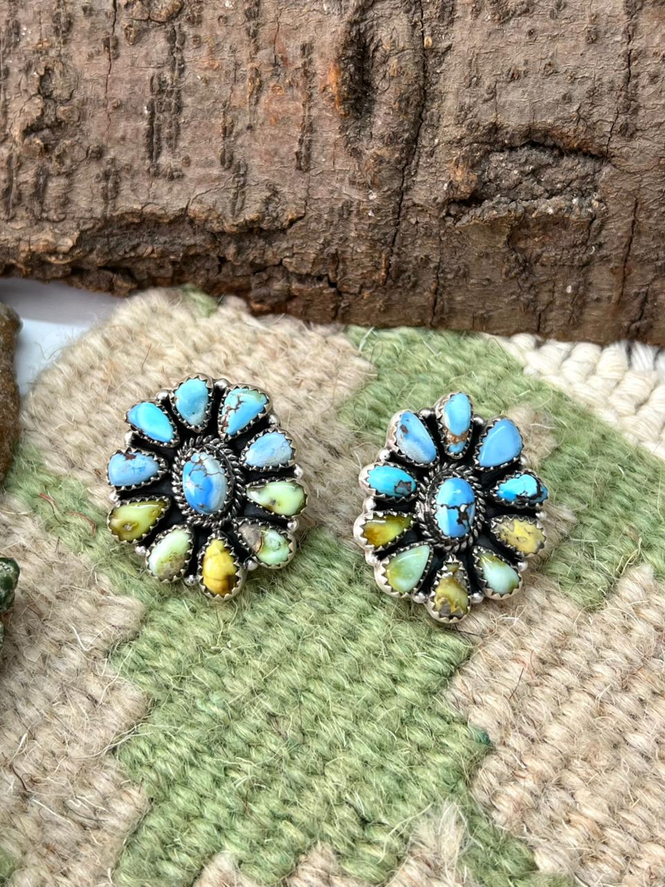 Handmade Sterling Silver Palomino with Golden Hills Turquoise Post Studs "Signed Nizhoni"