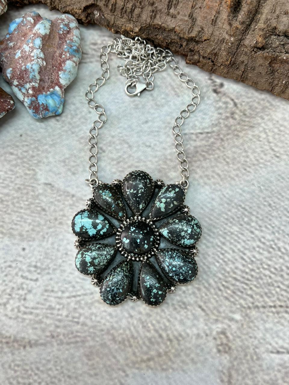 Handmade Sterling Silver Lander Turquoise Necklace with Signed Nizhoni