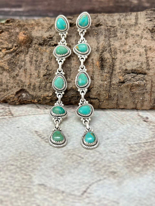 Handmade Sterling Silver Kingman Turquoise Post Dangle Earrings with Signed Nizhoni