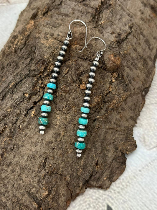 Handmade Sterling Silver Kingman Turquoise Beaded Hook Dangle Earrings