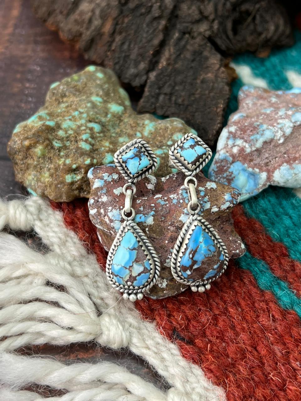 Handmade Sterling Silver Golden Hills Turquoise Post Dangle Earrings "Signed Nizhoni"