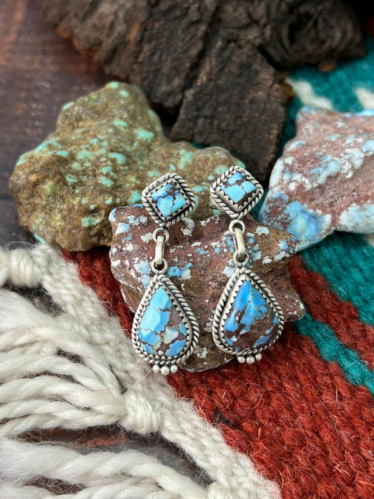 Handmade Sterling Silver Golden Hills Turquoise Post Dangle Earrings "Signed Nizhoni"