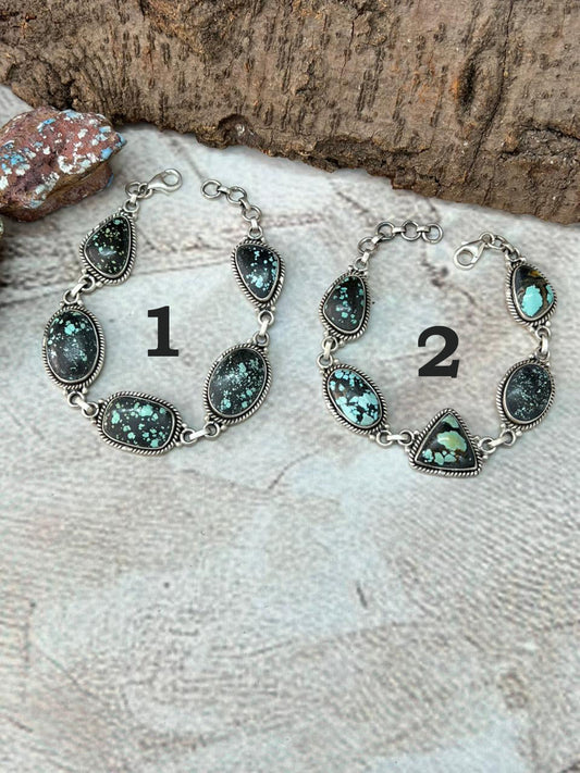 Handmade Sterling Silver Lander Turquoise Chain Bracelet with Signed Nizhoni